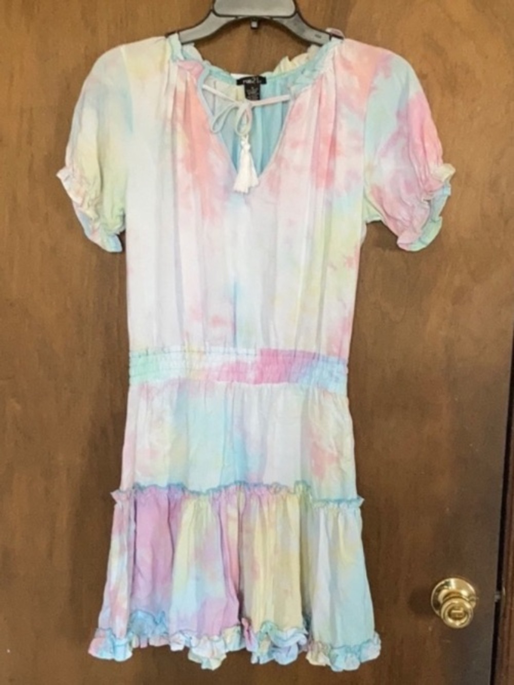 Rue21 dress puff sleeve pastel tie dye w tassel tie boho festival western S jrs - Picture 12 of 17